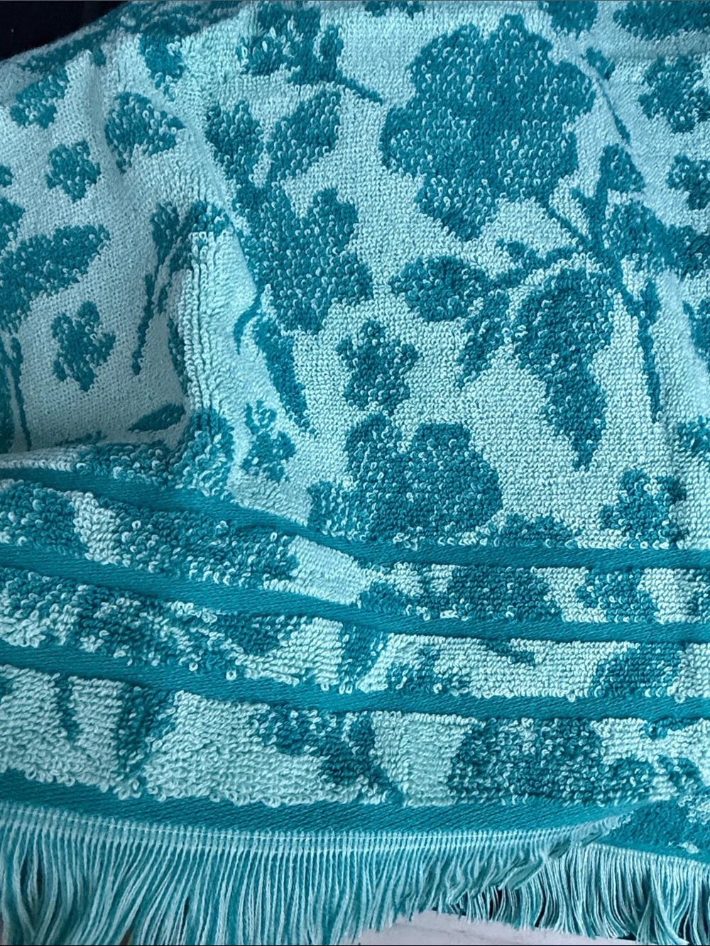 2 The Pioneer Woman Hand Towels Evie Teal Print Turquoise Floral Fringe Bathroom